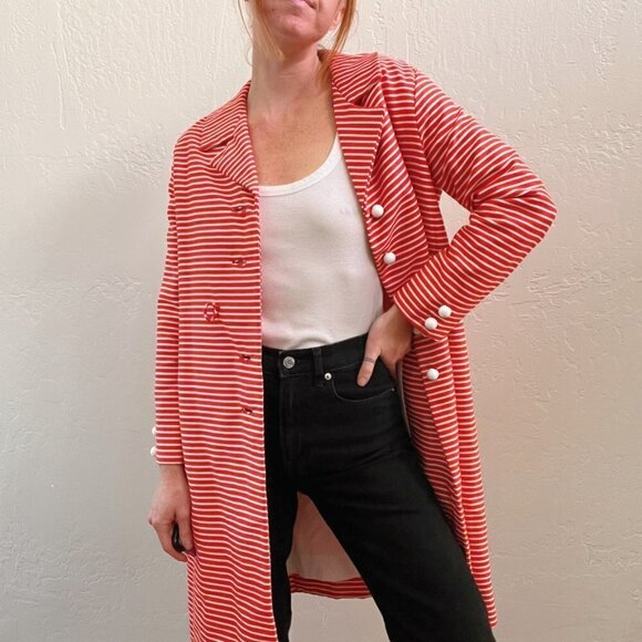 Vintage 1960's Red Striped Belted Lightweight Coat - Picture 6 of 9